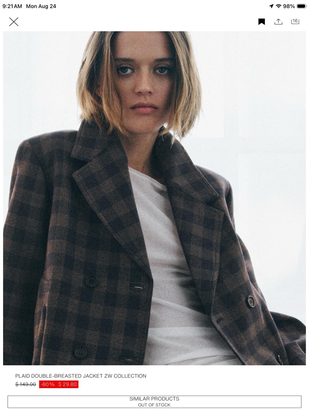 Zara Brown Checked Short Double Breasted Jacket
